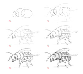 Wall Mural - page shows how to learn to draw sketch of bumblebee. creation step by step pencil drawing. education
