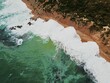 Aerial view of ocean waves with foam on a sandy beach