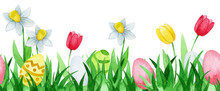 Watercolor Seamless Border, Frame For Easter. Green Grass With Easter Eggs And Flowers