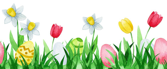 Wall Mural - watercolor seamless border, frame for easter. green grass with easter eggs and flowers