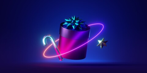 Wall Mural - 3d rendering, Christmas wallpaper. Gift boxes and festive ornaments illuminated with neon light. New Year background