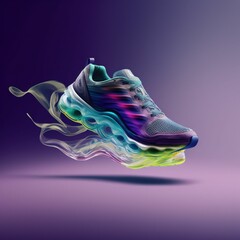 Wall Mural - 3d illustration of a comfortable futuristic sneaker floating in the air on a purple background