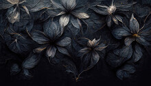 Beautiful Dark Abstract Exotic Flowers. Luxurious Dark Ink Flowers And Patterns.