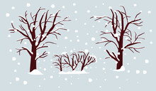Snow-covered Trees And Bushes In A Realistic Style. Blue Background With Falling Snow. Winter Clipart Set For Design Posters, Banners And Postcards.Vector Flat Style Cartoon Isolated Illustration.
