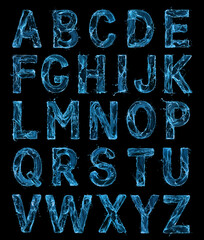 Letters of the Latin alphabet are made of water splashes on a black background