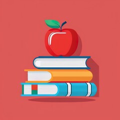 Sticker - Book and apple icon. Education symbol stack of books and red apple. Modern flat icon