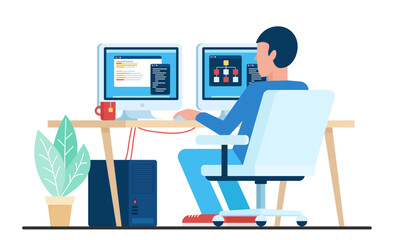 Online work of man in office or home workplace, back view vector illustration. Cartoon male employee character sitting in chair with coffee at computer monitors, programmer and developer working