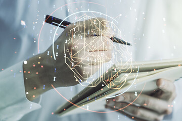 Wall Mural - double exposure of creative artificial intelligence symbol with man hand writing in notebook on back