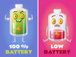 High and low battery characters isolated on background concept. Vector graphic design illustration element