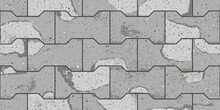 Seamless Pattern Of Pavement With Dumble Interlocking Textured Cracked Old Bricks. Vector Pathway Texture Top View. Outdoor Concrete Slab Sidewalk. Cobblestone Footpath Or Patio. Block Floor