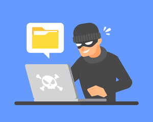 Hacker using laptop to steal document folder. Concept of data breach, cybercrime, computer system hacking, security vulnerability, or digital threat. Flat cartoon icon. Technology vector illustration.