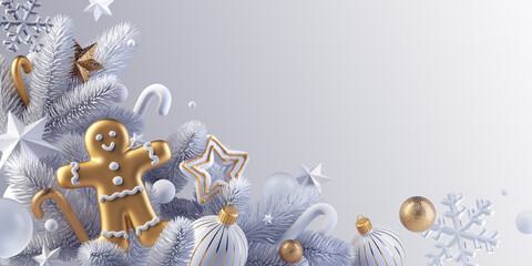 3d render, silver white winter background with Christmas ornaments, golden elements, frozen spruce twigs and gingerbread man cookie. Festive wallpaper with blank copy space