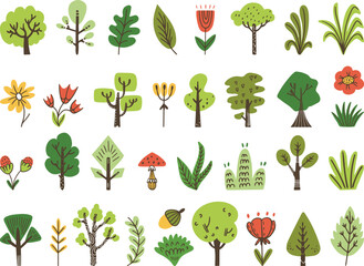 Poster - Doodle forest nature elements, scandinavian eco collection. Sketch birch, abstract flowers and trees. Garden tree and bush neoteric vector nordic set