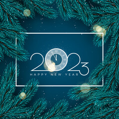 Wall Mural - happy new 2023 year. holiday background with white frame and fir tree branches and lights