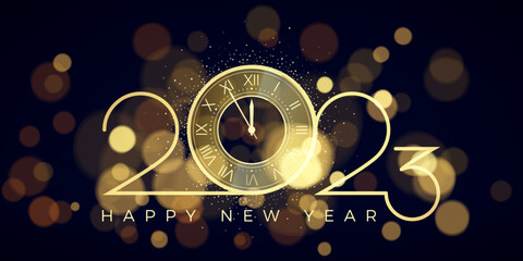 Wall Mural - happy new year 2023. gold numbers and clock with five minutes countdown
