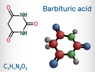 Poster - Barbituric acid, malonylurea or 6-hydroxyuracil molecule. It is parent compound of barbiturate drugs. Structural chemical formula and molecule model.