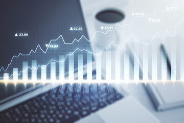 Multi exposure of abstract creative financial graph on modern computer background, forex and investment concept