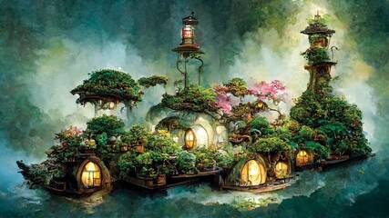 Wall Mural - Fantasy illustration, fairy island, watercolor landscape