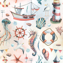 Seamless Pattern With Marine Underwater Inhabitants, A Lighthouse And A Boat. Watercolor Illustration On A White Background With Washes From The SYMPHONY OF THE SEA Collection.