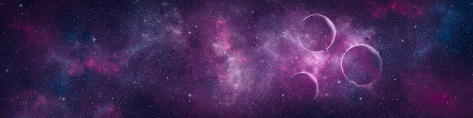 Wall Mural - nebula, stars and planets in night sky web banner. space background.