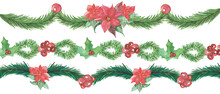 Watercolor Hand Painted Nature Winter Holiday Garland Composition With Different Green Fir Branches, Red Poinsettia Flowers And Berries Wreath Lines On The White Background For Design Elements