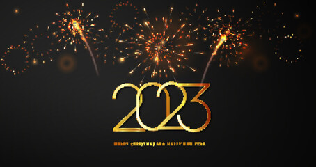 Wall Mural - 2023 new year fireworks and golden numbers on dark background. celebration new year's eve. golden fi