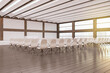 Minimalistic loft style concrete and wooden auditorium with window and city view, stage and many chairs. 3D Rendering.