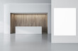 © Who is Danny - Modern office lobby interior with mock up poster on wall, white wall and reception desk with wooden installation. Hotel or waiting area concept. 3D Rendering.
