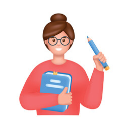 Young woman with book and pencil. Education, studying, learning, knowledge, examination or homework concept. 3d Realistic cartoon character vector illustration isolated on white background.