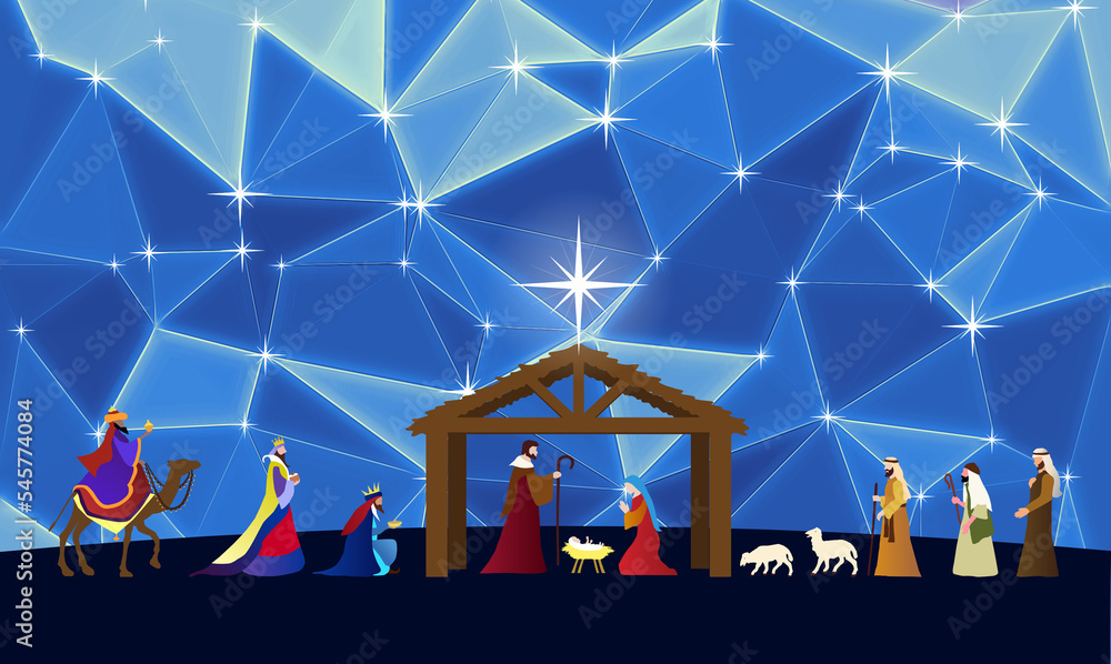 Christmas Nativity Scene. The adoration of Three Wise Men and shepherds ...