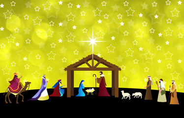 Wall Mural - Christmas Nativity Scene. The adoration of Three Wise Men and shepherds. Wallpaper and greeting card banner background.