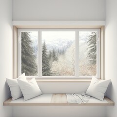 Poster - Side window seat 3d render.There are white room,wood seat,decorate with many pillow.There are big windows look out to see nature view.