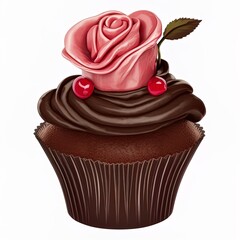 Sticker - 3d illustration of festive chocolate cupcake with rose cream, chocolate coating and juicy cherry on the top isolated on white background