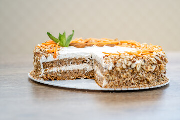 Wall Mural - carrot cake on a wooden tray