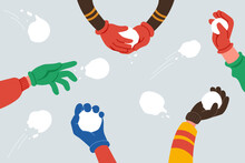 Snowball Fight. Human Hands In Colorful Gloves Throw Snowballs. Winter Fun. Elements For Seasonal Design. Vector Illustration In Cartoon Style