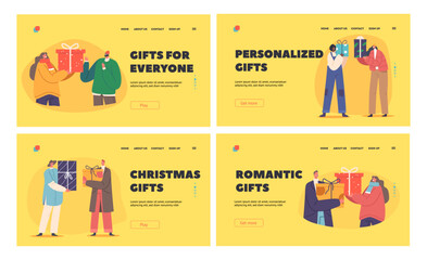 Canvas Print - Christmas Gifts Landing Page Template Set. Characters Giving Presents to Each Other for Winter Holidays Celebration