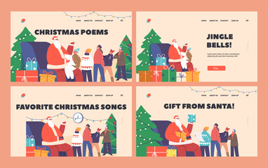 Wall Mural - Christmas Poems Landing Page Template Set. Children Read Poetries to Santa Claus. Little Girls and Boys Stand in Queue