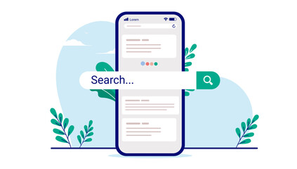 Poster - Search bar on mobile phone screen - Smartphone standing with search field popping out and decorative background elements. Flat design vector illustration with white background