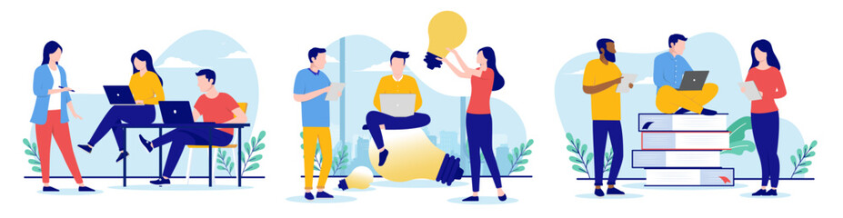 Poster - People working vector collection - Set of office characters at work with computers, coming up with ideas and doing research. Business and company concepts. Flat design