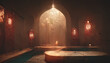 Ancient interior Turkish bath, frescoes on the walls, baths, oriental lanterns. Fantasy Turkish palace interior. 
