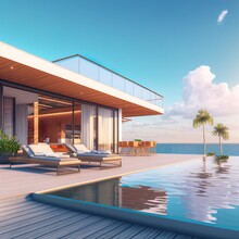 Luxury Beach House With Sea View Swimming Pool And Terrace In Modern Design, Lounge Chairs On Wooden Floor Deck At Vacation Home Or Hotel 3d Illustration Of Contemporary Holiday Villa Exterior