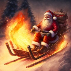 illustration of santa claus sitting on a burning sleigh with furious flames in a winter landscape