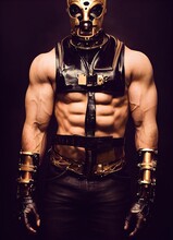Fetish Portrait. Bodybuilder Man In Gold Mask. Leather And Latex. 