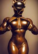 © DKN Media - Sexy fetish bodouir photography. Hot curvy fitness model in gold latex suit and cat mask.