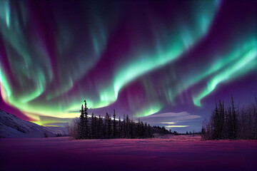 Northern lights over the snowy mountains. Abstract illustration art