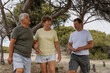 © Enigma - Elderly parents with an adult son walk in the park, communication and care for loved ones