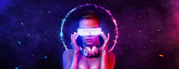 Wall Mural - Cyber monday concept. Hot girl DJ in neon lights with headphones. Sexy TDJ at night club party. Mixtape cover design - download high resolution picture for your song cover. Album template.