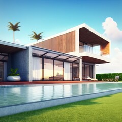 Wall Mural - Luxury beach house with sea view swimming pool and big garden in modern design. Empty green grass lawn at vacation home. 3d illustration of contemporary holiday villa exterior.