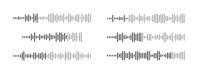 Set of sound wave icons. Audio file, voice chat, speech or song record, pulse, online conversation pictograms. Messenger, radio, podcast, player elements. Vector graphic illustration