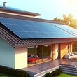 Solar energy system with photovoltaic solar cell panels on house roof (3D Rendering)